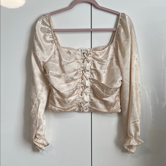 June & Hudson NWOT Cream Ruched Puff Criss Cross Closure Bohemian Blouse, Size L - Picture 1 of 12